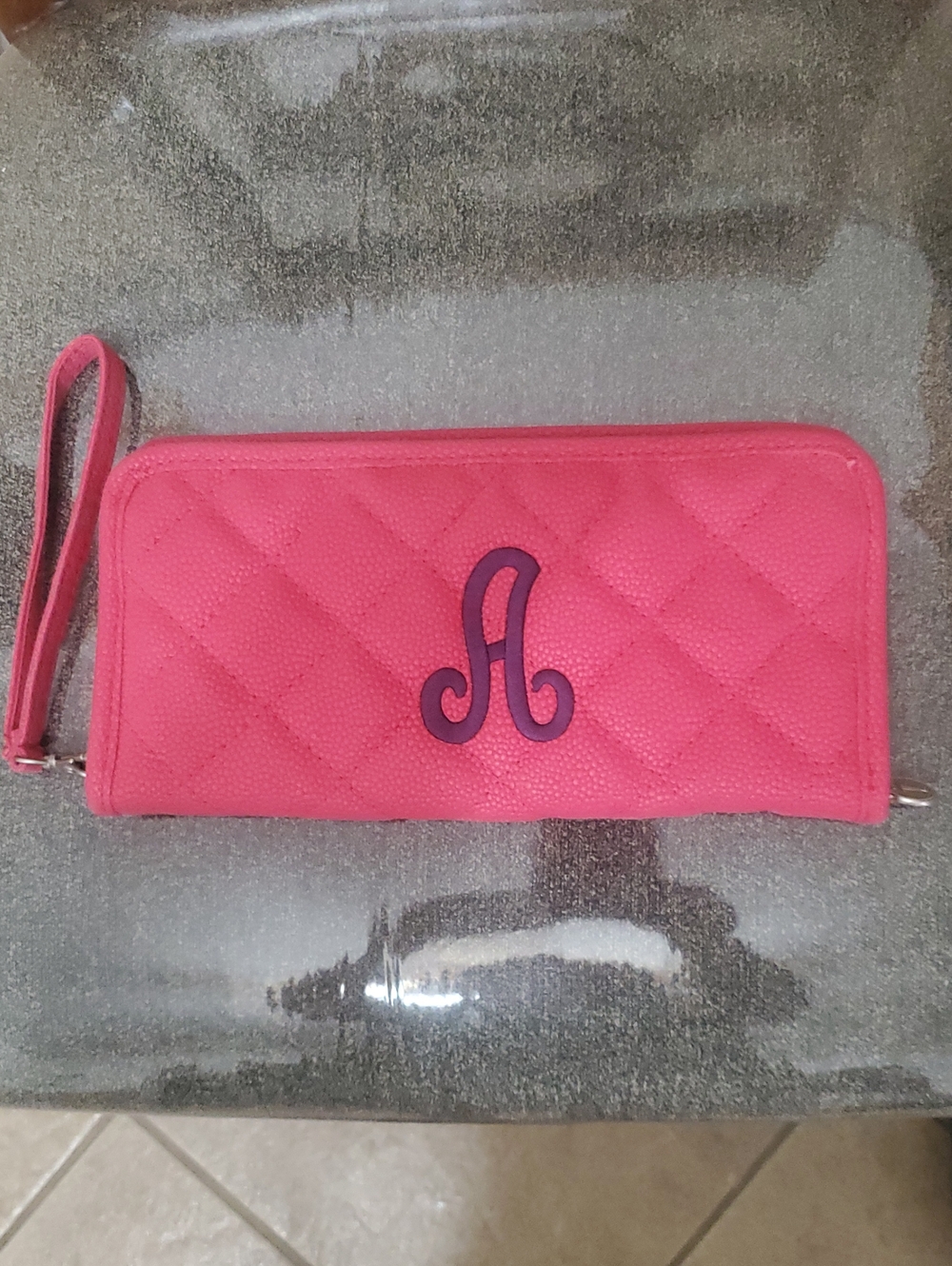 Quilted Pink Wristlet Clutch with Monogram A ,like new